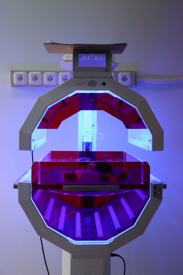 High-tech neonatal incubator with purple lighting in a hospital room.